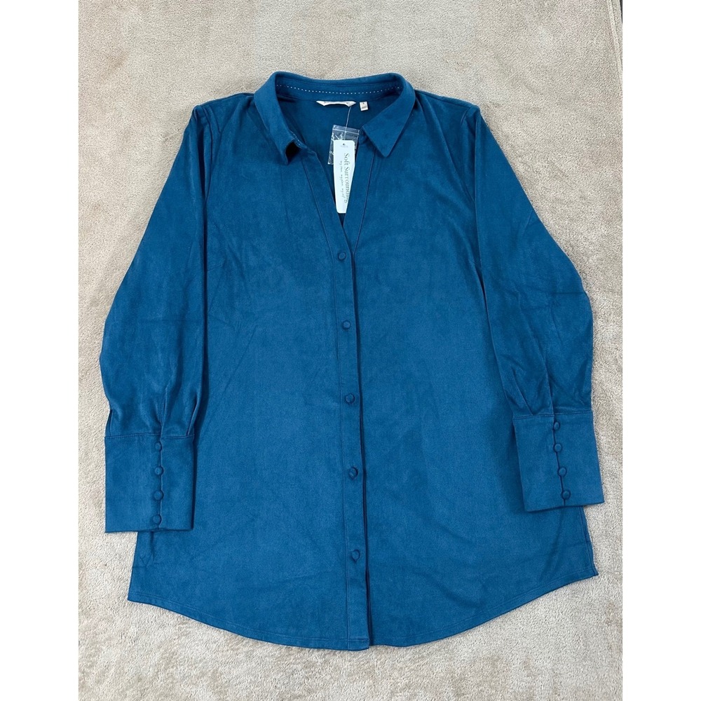 Soft Surroundings Suede Blouse Women Size L Teal Blue Long sleeves Collared New